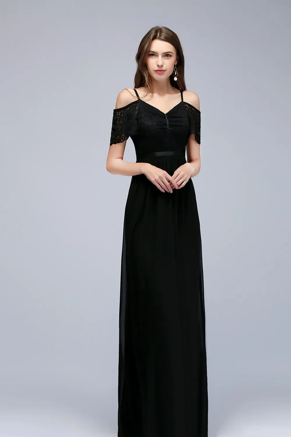 Black Chiffon Lace Evening Dresses Off Shoulder Elegant V Neck Pleat Formal Wedding Party Prom Gowns For Bride Vestido De Fiesta