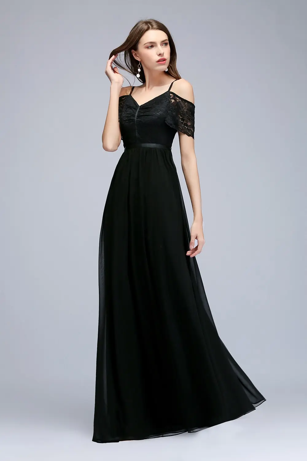 Black Chiffon Lace Evening Dresses Off Shoulder Elegant V Neck Pleat Formal Wedding Party Prom Gowns For Bride Vestido De Fiesta