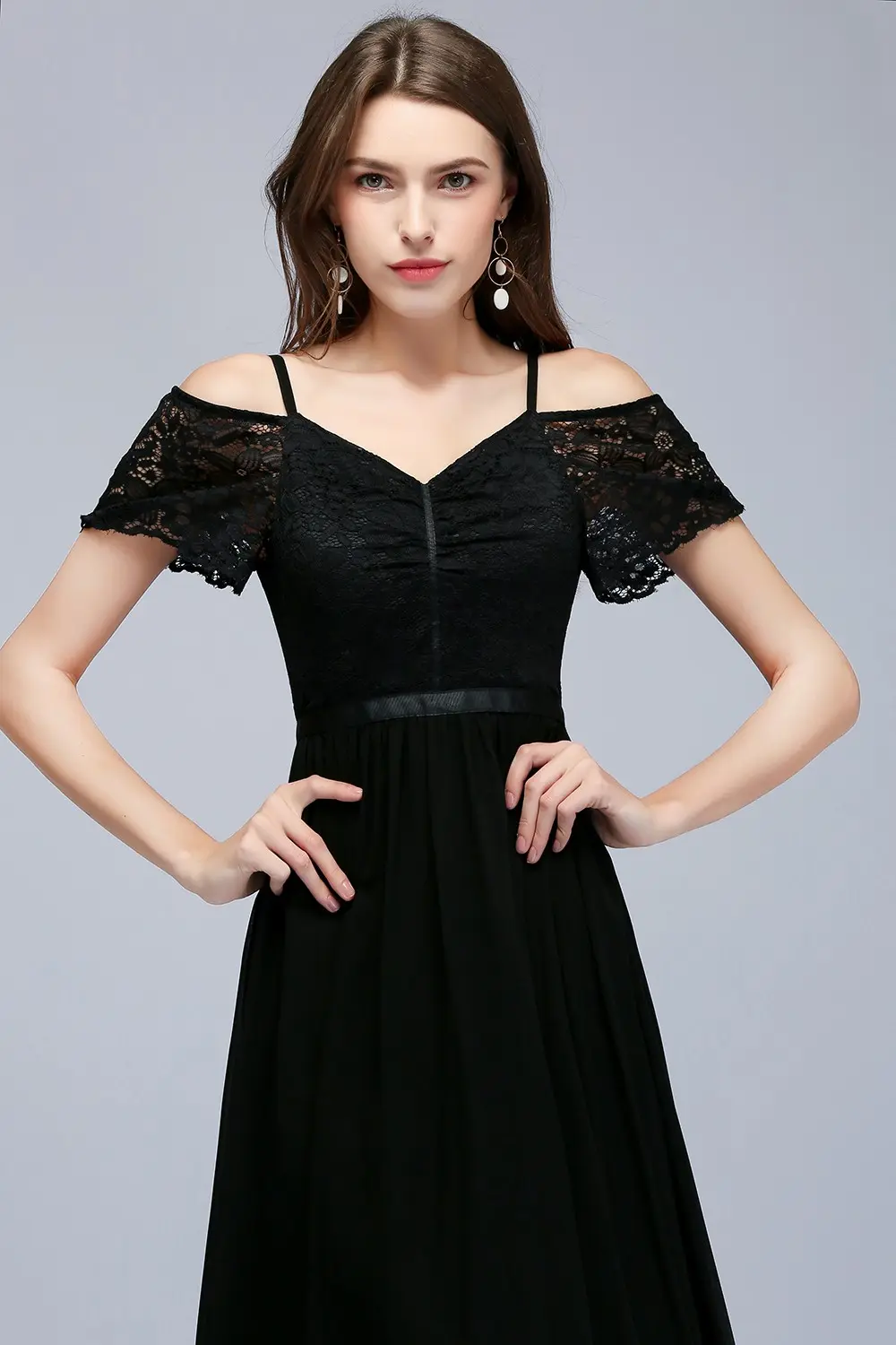 Black Chiffon Lace Evening Dresses Off Shoulder Elegant V Neck Pleat Formal Wedding Party Prom Gowns For Bride Vestido De Fiesta