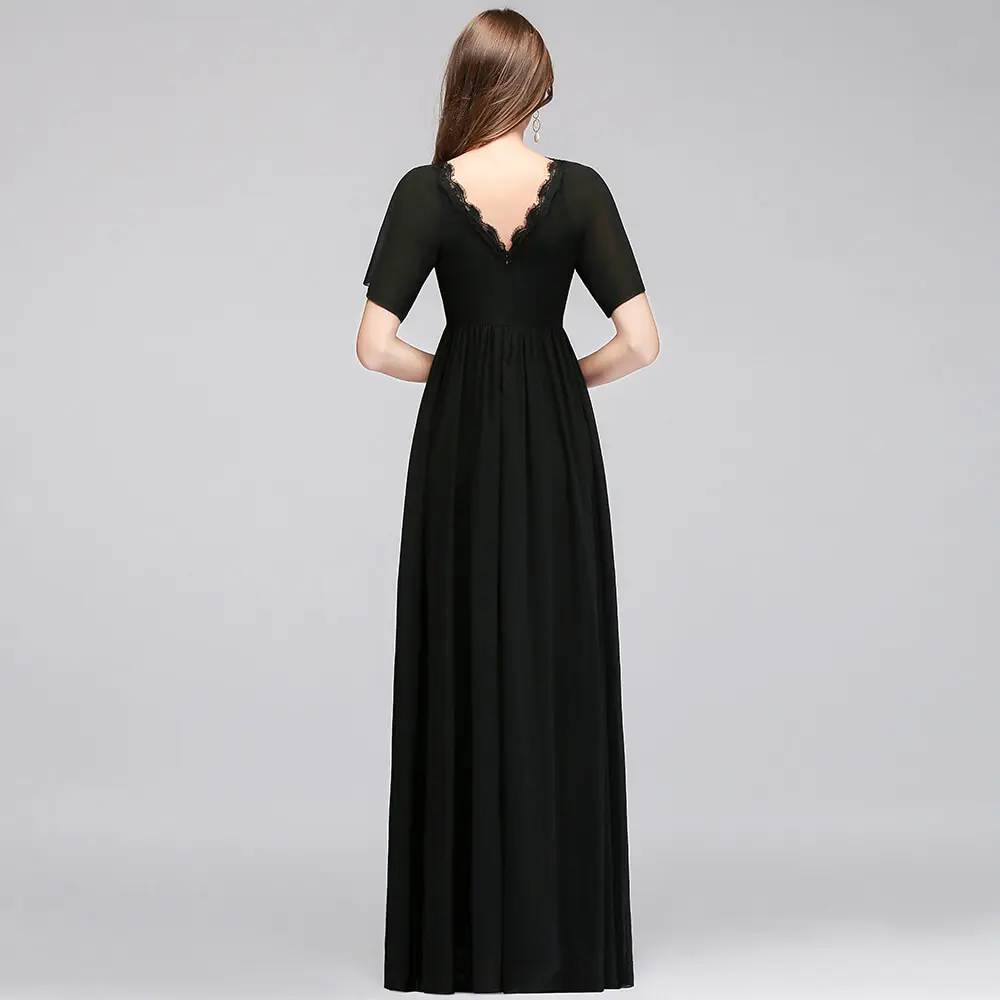 Black Chiffon Lace Evening Dresses Elegant V Neck Draped Short Sleeves Formal Wedding Party Prom Gown For Bride Vestido De Festa
