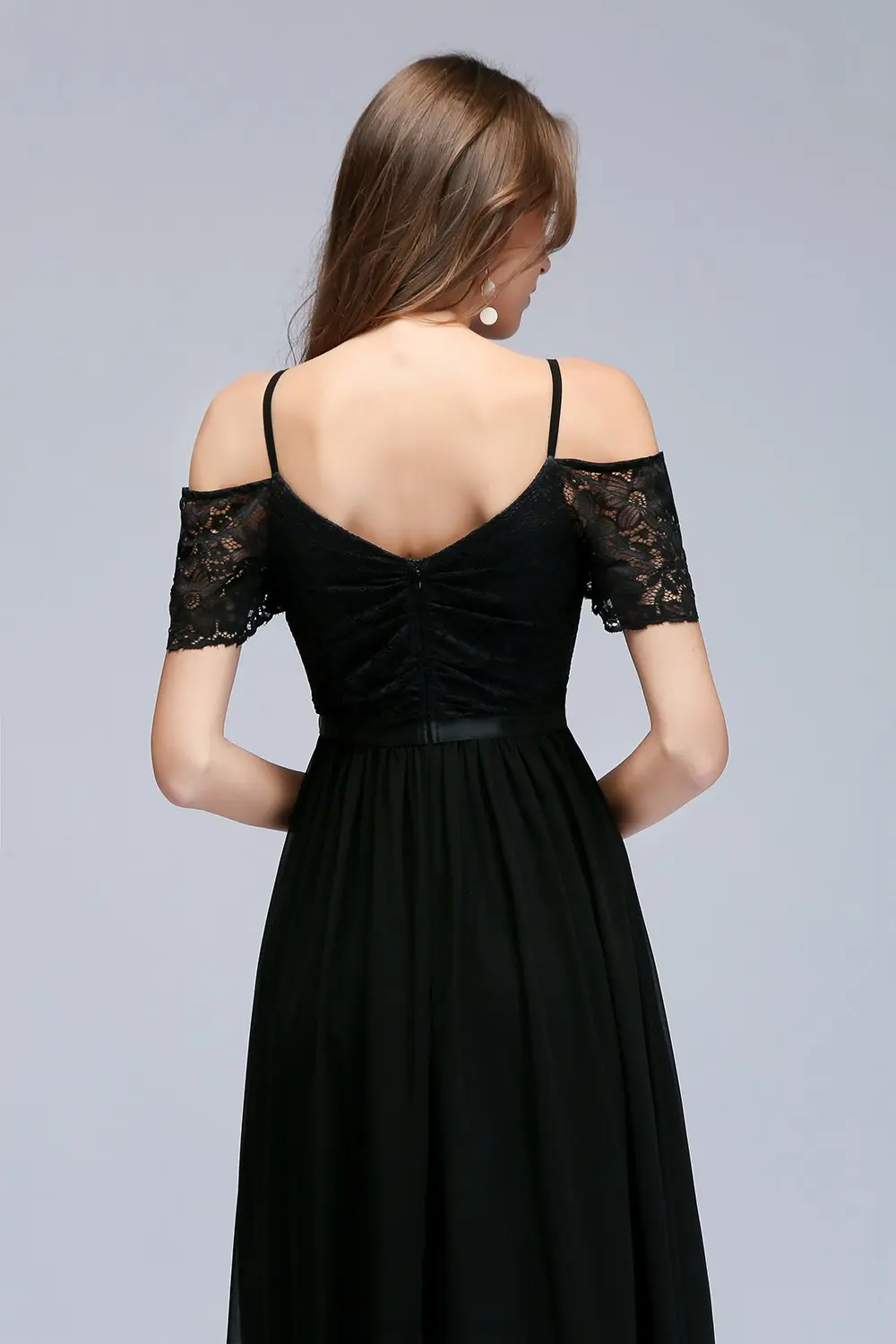 Black Chiffon Lace Evening Dresses Off Shoulder Elegant V Neck Pleat Formal Wedding Party Prom Gowns For Bride Vestido De Fiesta