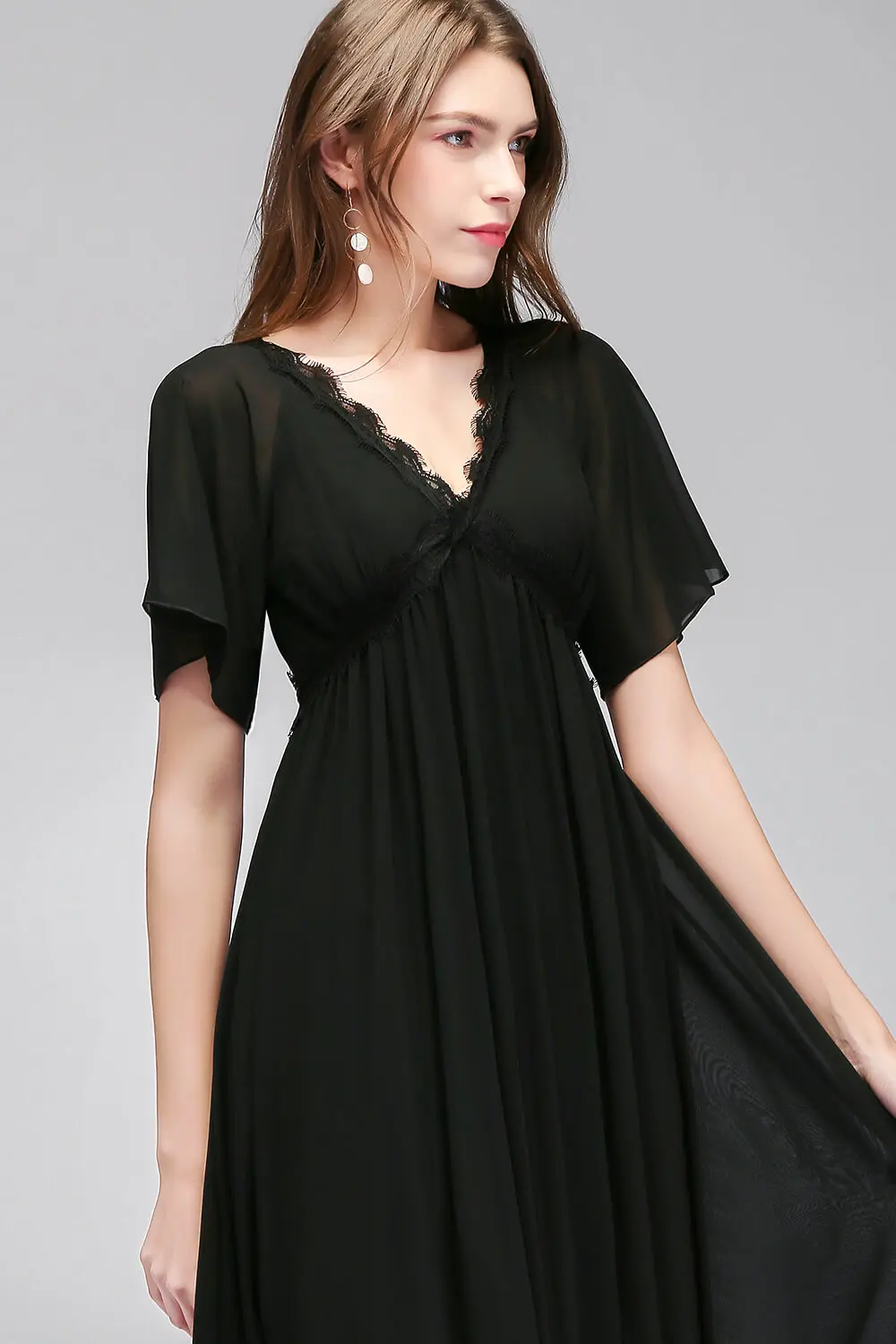 Black Chiffon Lace Evening Dresses Elegant V Neck Draped Short Sleeves Formal Wedding Party Prom Gown For Bride Vestido De Festa