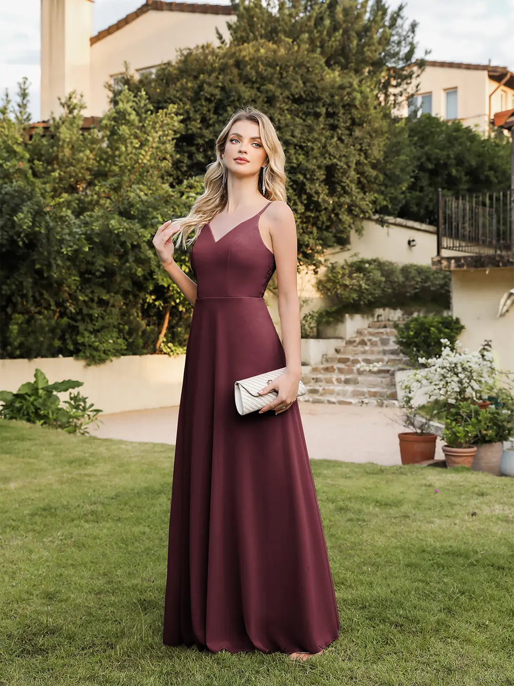 MisShow Sling Bridesmaid Dresses Chiffon Spaghetti Straps V-Neck Lace Back Evening Dress A-Line Sleeveless Summer Long Vestidos