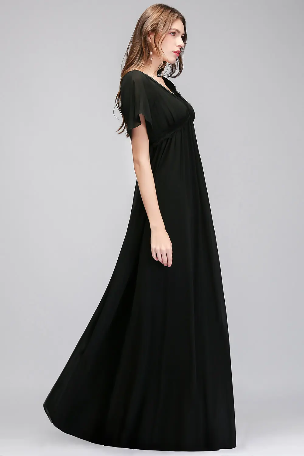 Black Chiffon Lace Evening Dresses Elegant V Neck Draped Short Sleeves Formal Wedding Party Prom Gown For Bride Vestido De Festa