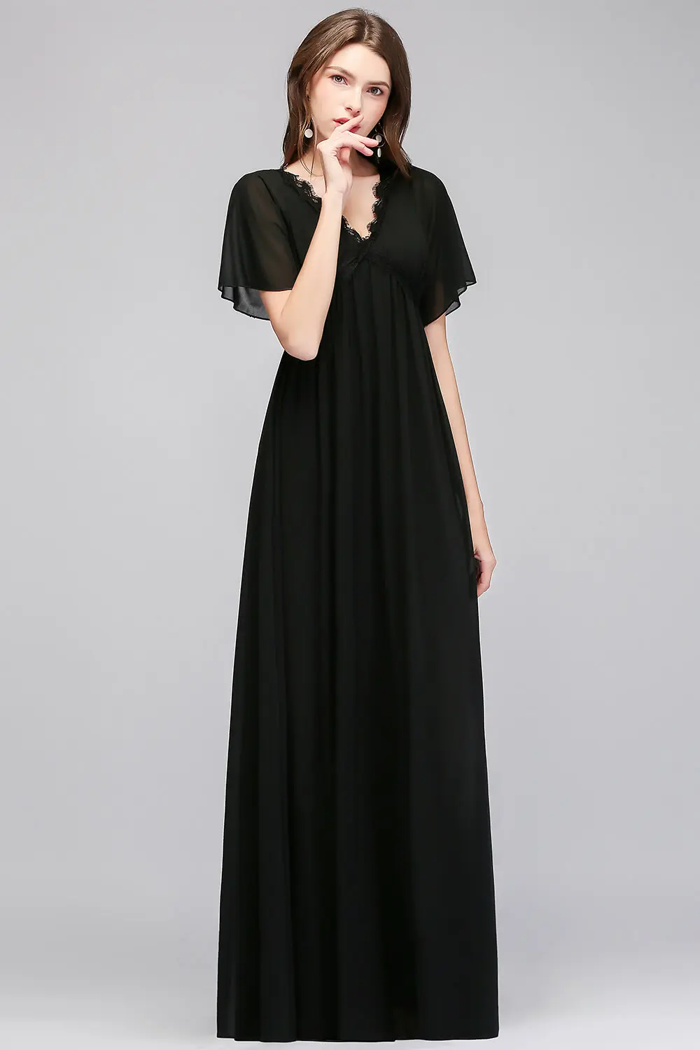 Black Chiffon Lace Evening Dresses Elegant V Neck Draped Short Sleeves Formal Wedding Party Prom Gown For Bride Vestido De Festa