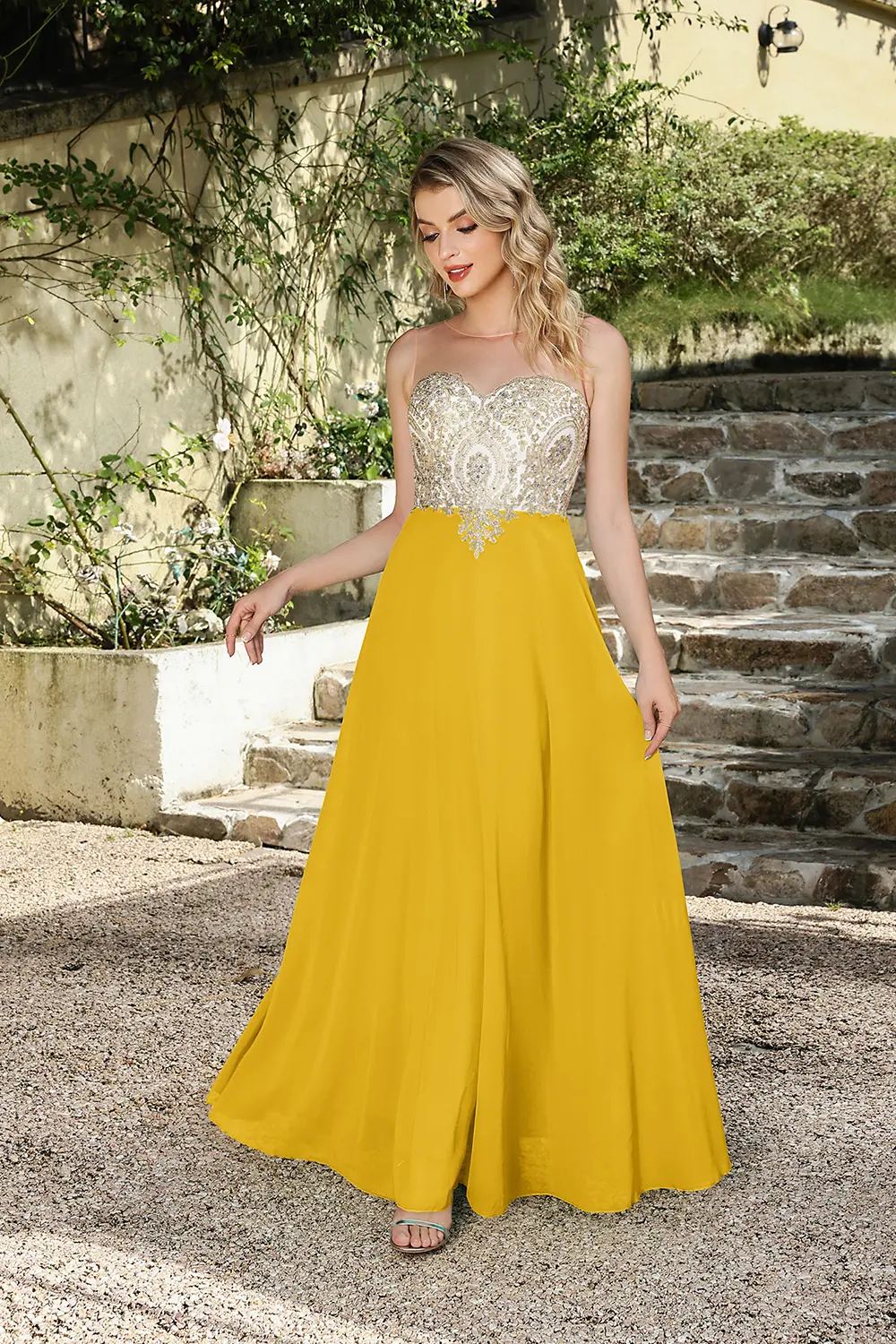 MisShow A-Line Bridesmaid Dress Sheer Collar Sleeveless Backless Party Dresses Gold Lace Appliques Chiffon Wedding Formal Gowns