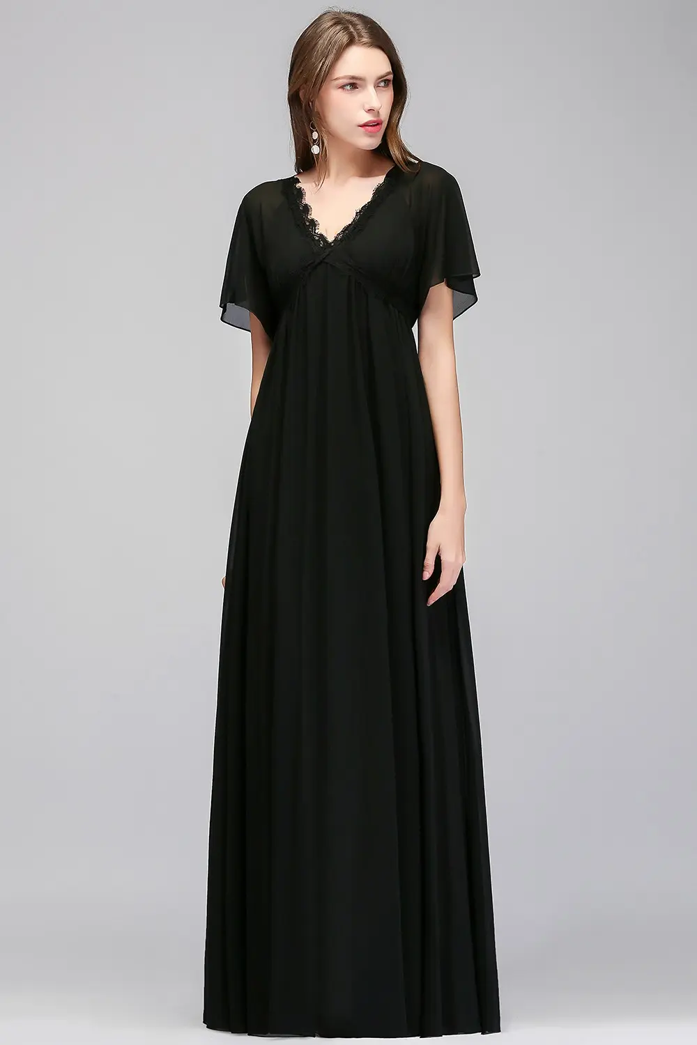 Black Chiffon Lace Evening Dresses Elegant V Neck Draped Short Sleeves Formal Wedding Party Prom Gown For Bride Vestido De Festa