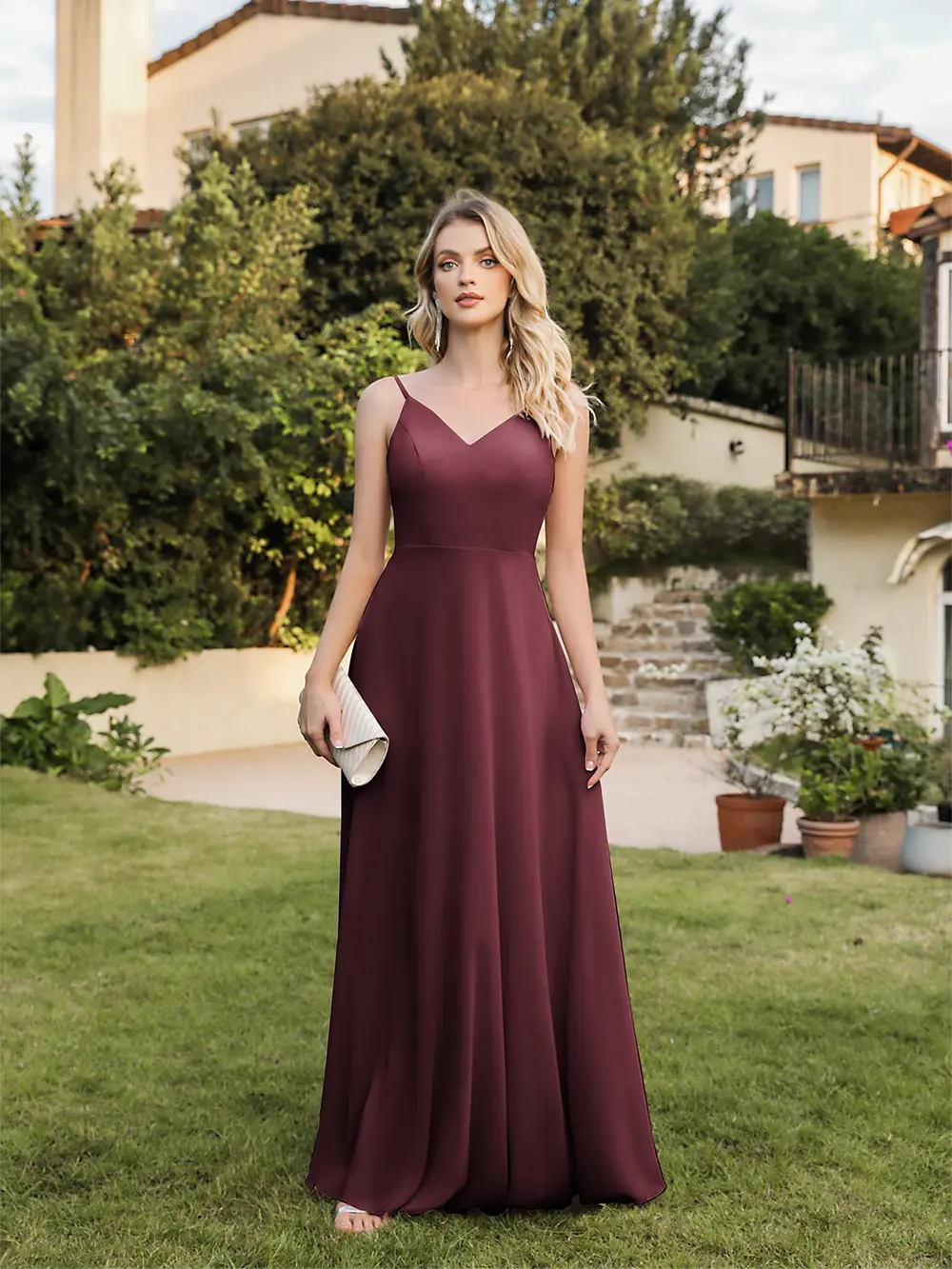 MisShow Sling Bridesmaid Dresses Chiffon Spaghetti Straps V-Neck Lace Back Evening Dress A-Line Sleeveless Summer Long Vestidos