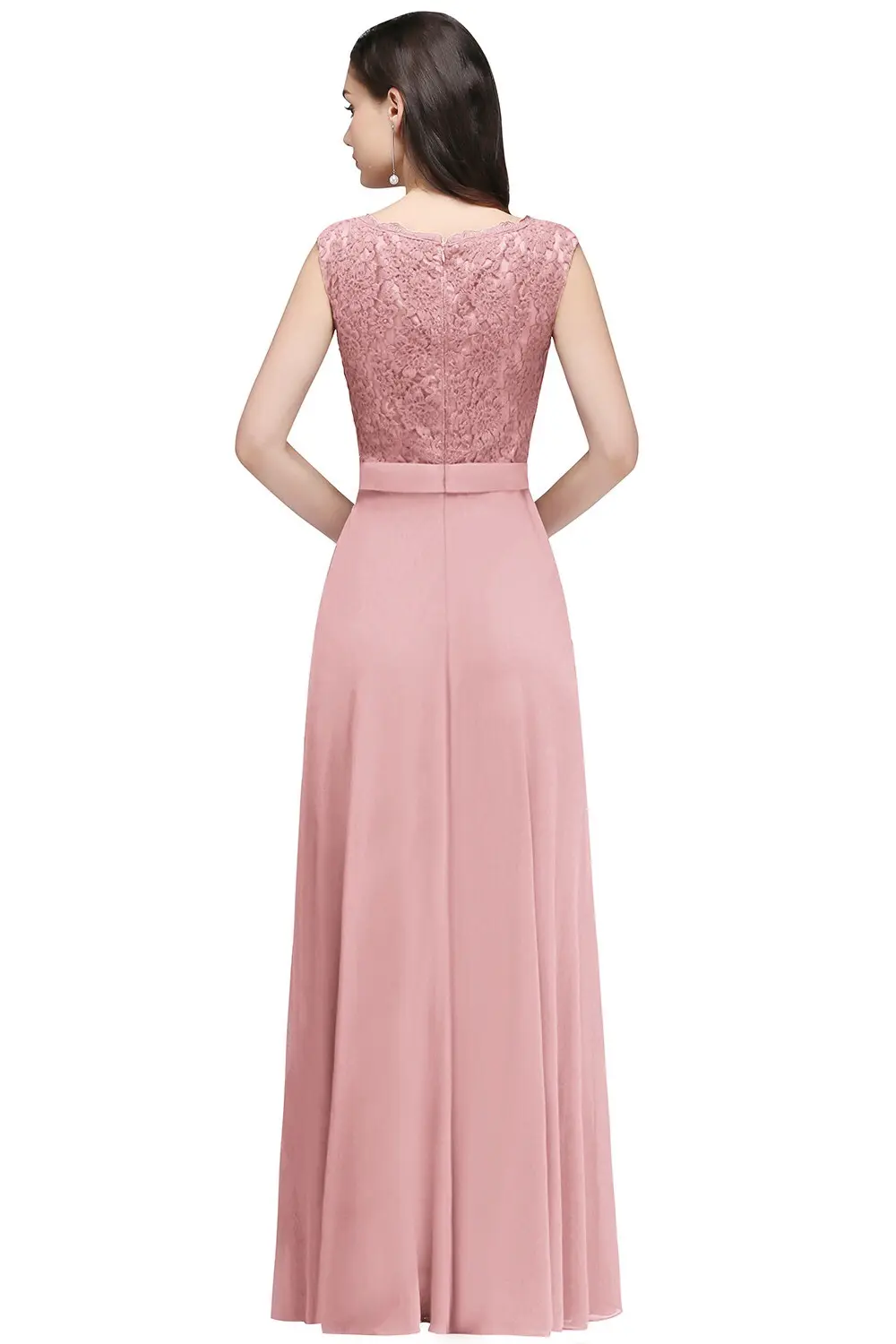 Elegant Sleeveless Bridesmaid Dresses Floral Lace Back Sheer Scoop Collar Evening Dress Chiffon Empire A-Line Formal Party Gowns