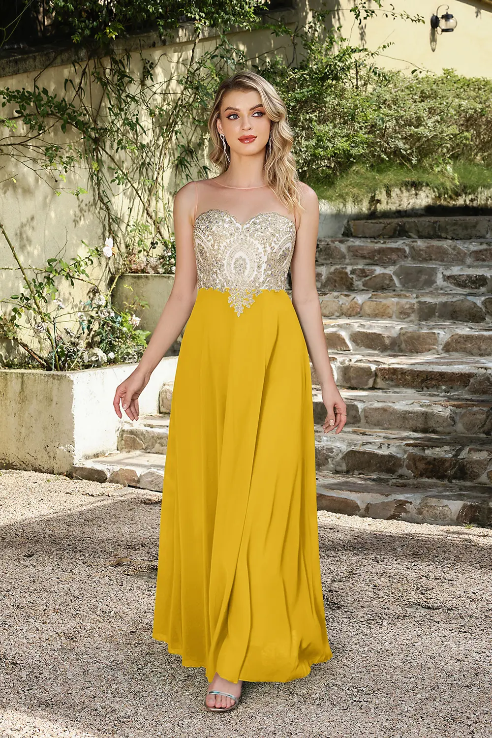 MisShow A-Line Bridesmaid Dress Sheer Collar Sleeveless Backless Party Dresses Gold Lace Appliques Chiffon Wedding Formal Gowns