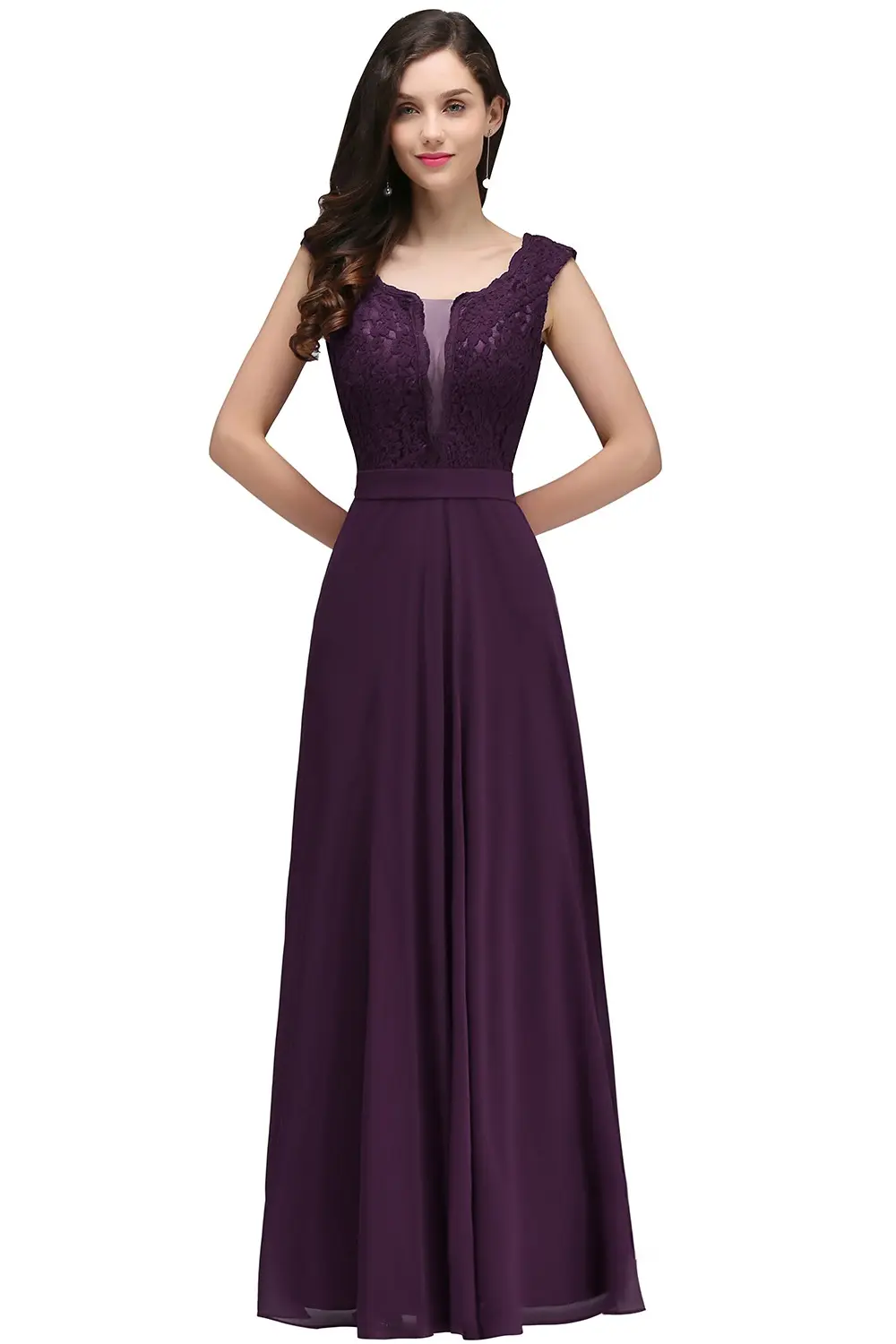 Elegant Sleeveless Bridesmaid Dresses Floral Lace Back Sheer Scoop Collar Evening Dress Chiffon Empire A-Line Formal Party Gowns