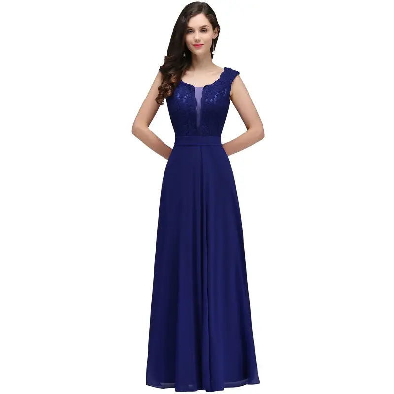 Elegant Sleeveless Bridesmaid Dresses Floral Lace Back Sheer Scoop Collar Evening Dress Chiffon Empire A-Line Formal Party Gowns
