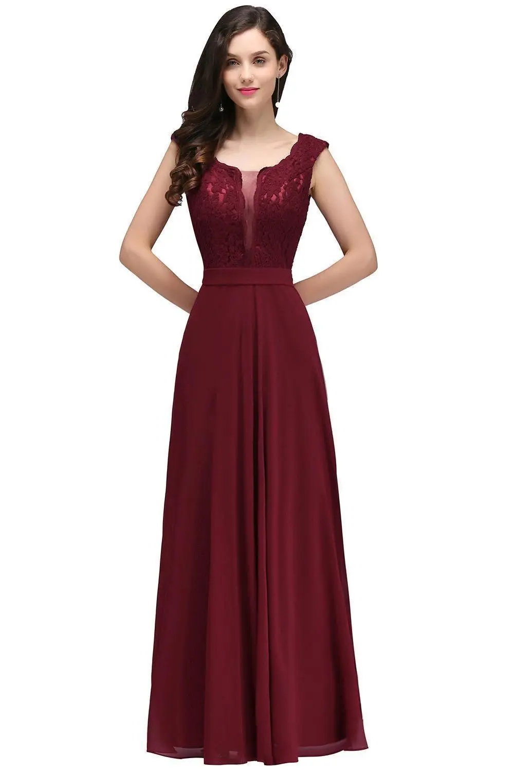 Elegant Sleeveless Bridesmaid Dresses Floral Lace Back Sheer Scoop Collar Evening Dress Chiffon Empire A-Line Formal Party Gowns