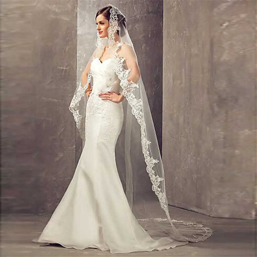Wedding Veil Lace Edge Long Luxurious Bridal Veil White/Ivory Veil With Comb Tulle Cathedral One-layer 3 Meters Bride Accessorie