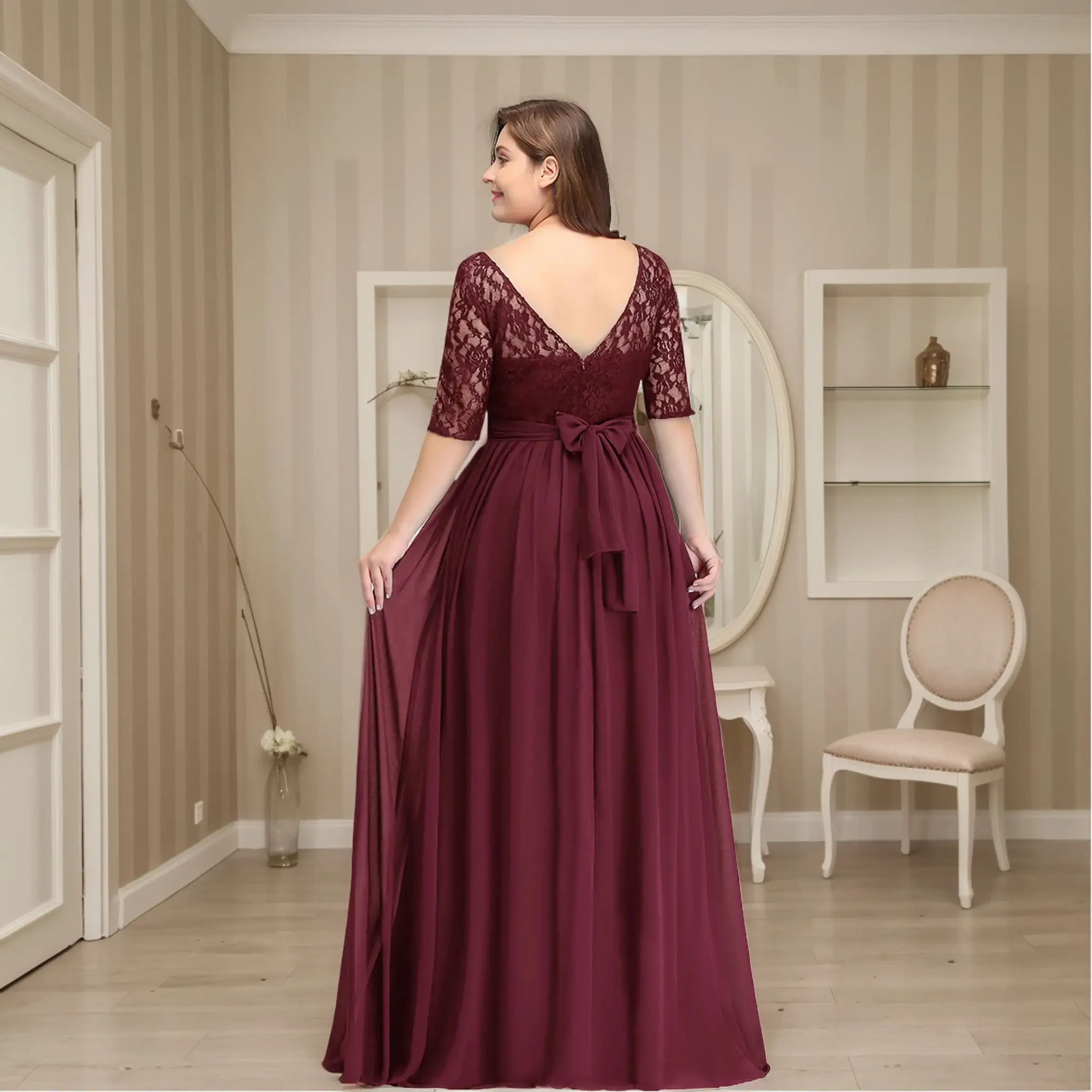 MisShow Plus Size Evening Dresses Floral Lace Half Sleeve O-Neck V-Backless Prom Dress Sashes Pleated Empire A-Line Party Gowns