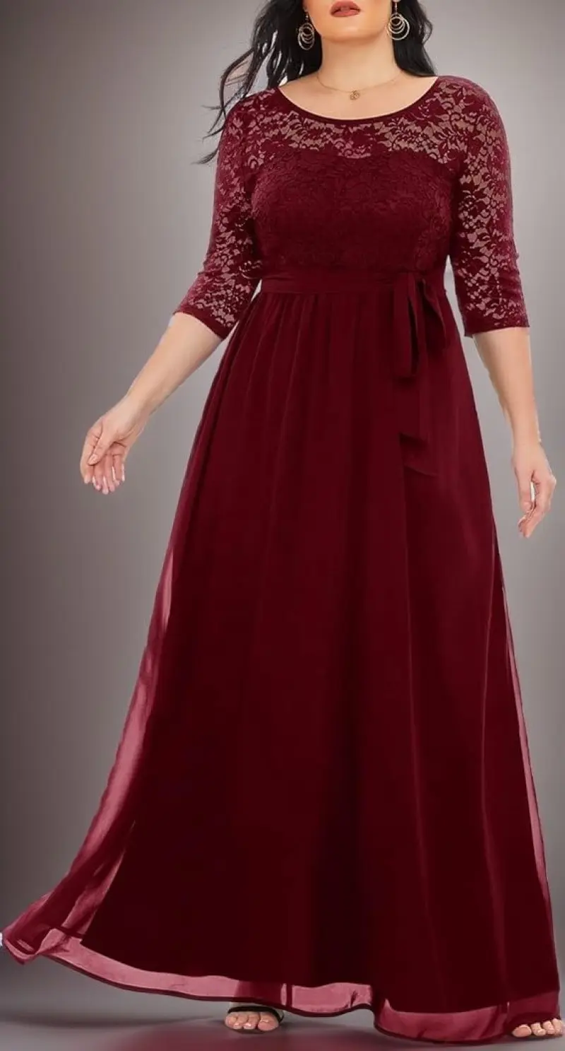 MisShow Plus Size Evening Dresses Floral Lace Half Sleeve O-Neck V-Backless Prom Dress Sashes Pleated Empire A-Line Party Gowns