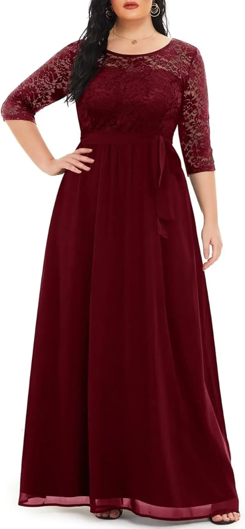 MisShow Plus Size Evening Dresses Floral Lace Half Sleeve O-Neck V-Backless Prom Dress Sashes Pleated Empire A-Line Party Gowns