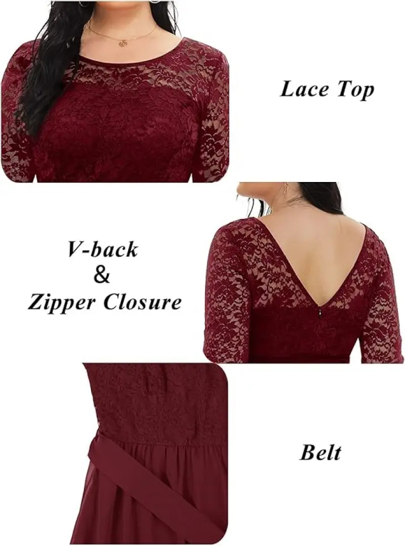 MisShow Plus Size Evening Dresses Floral Lace Half Sleeve O-Neck V-Backless Prom Dress Sashes Pleated Empire A-Line Party Gowns