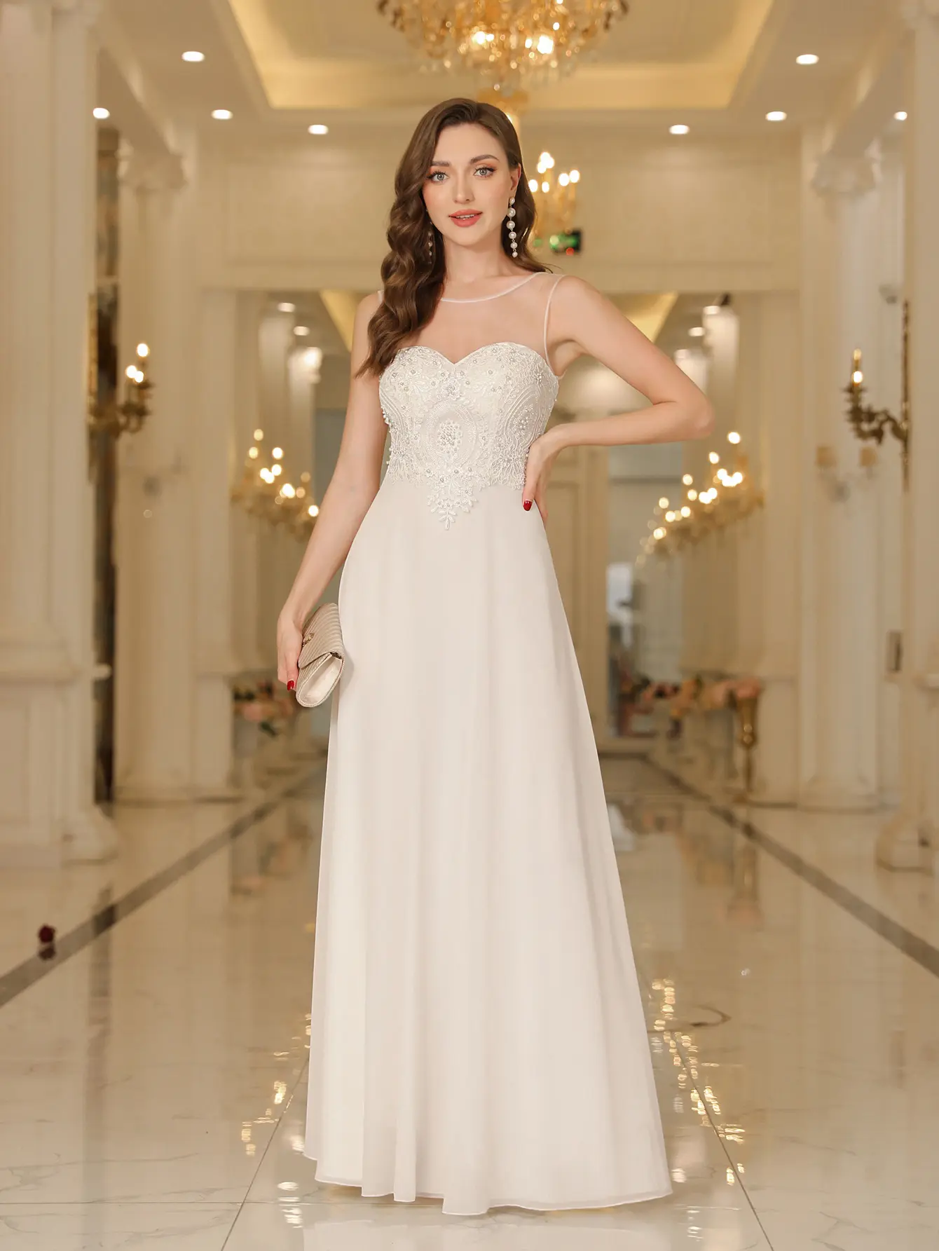 MisShow 2025 Ivory Chiffon Evening Dresses Elegant Pearl Lace Appliques Illusion Collar Sleeveless Prom Dress Formal Party Gowns