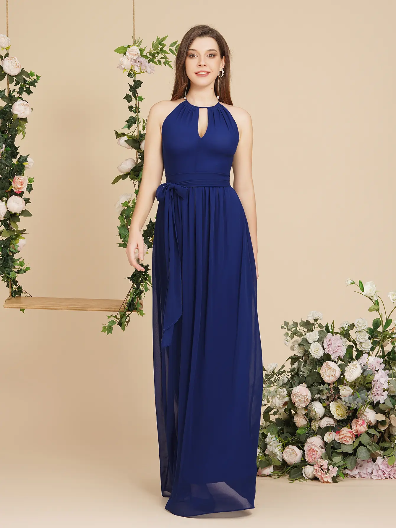 MisShow Basic Evening Dresses Hollow Collar Sleeveless Halter Sashes Prom Dress Chiffon A-Line Floor-Length Pleated Empire Gowns