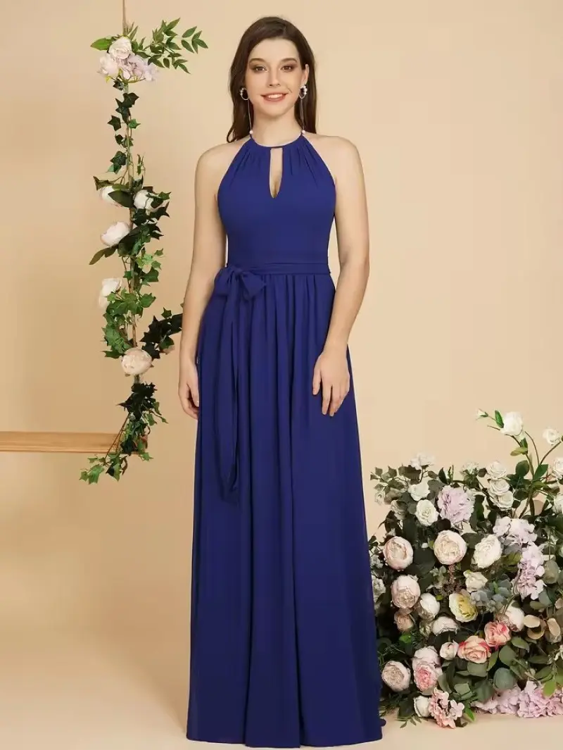 MisShow Basic Evening Dresses Hollow Collar Sleeveless Halter Sashes Prom Dress Chiffon A-Line Floor-Length Pleated Empire Gowns