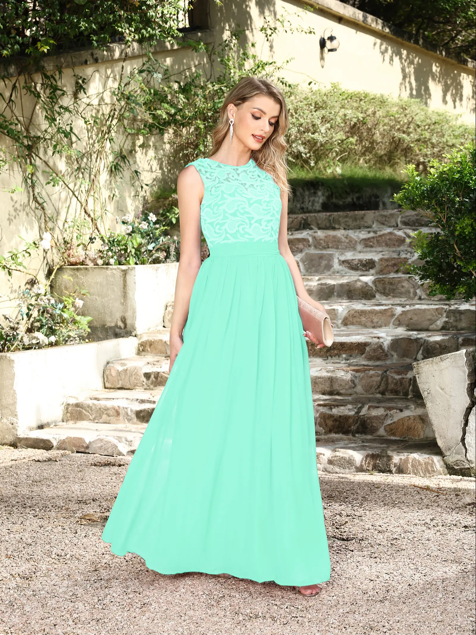 MisShow Wedding Bridesmaid Dresses Elegant Floral Lace O-Neck Sleeveless Sheer Back Evening Dress A-Line Empire Long Party Gowns