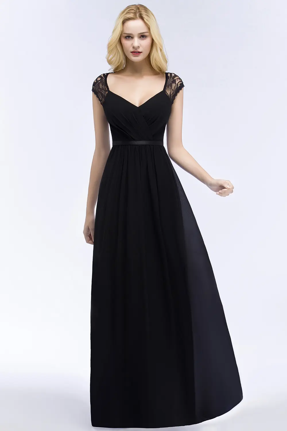 Lace Chiffon Bridesmaid Dresses Pleat V Neck Backless With Sashes Cap Sleeve Formal Evening Wedding Party Prom Gowns Vestidos