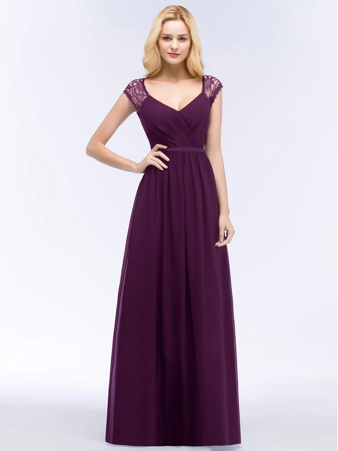 Lace Chiffon Bridesmaid Dresses Pleat V Neck Backless With Sashes Cap Sleeve Formal Evening Wedding Party Prom Gowns Vestidos