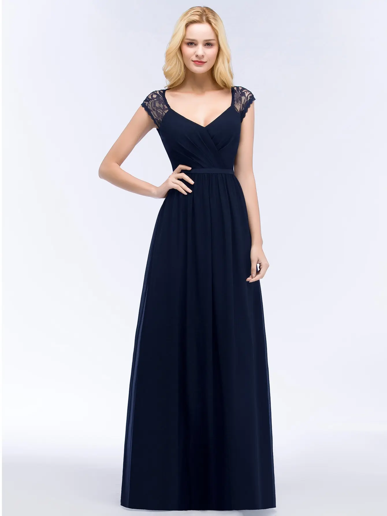 Lace Chiffon Bridesmaid Dresses Pleat V Neck Backless With Sashes Cap Sleeve Formal Evening Wedding Party Prom Gowns Vestidos