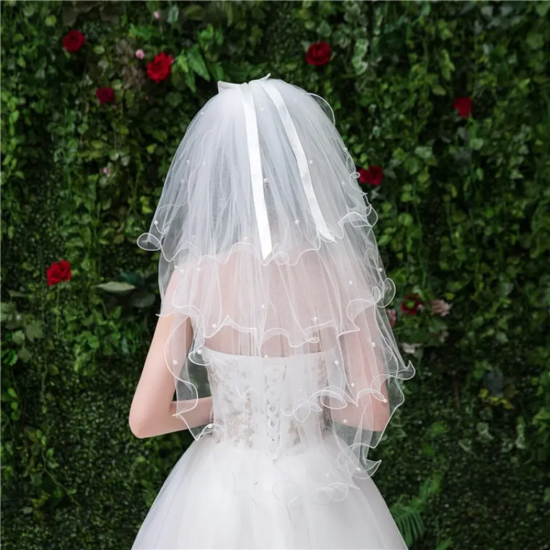 MisShow Tulle Pearls Veils With Comb Vintage Multi-layer Sheer Beading Pencil Edge Bow Veil Elbow Length Wedding Bridal Veils