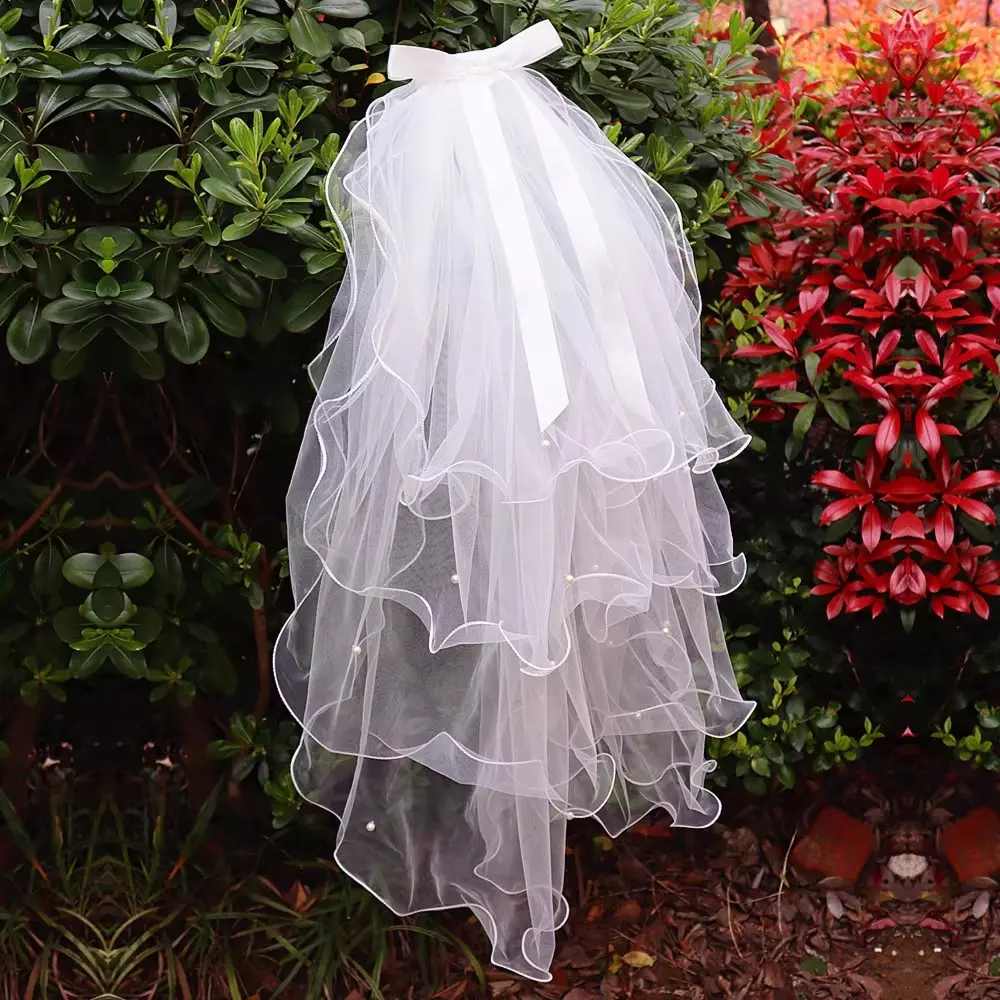 MisShow Tulle Pearls Veils With Comb Vintage Multi-layer Sheer Beading Pencil Edge Bow Veil Elbow Length Wedding Bridal Veils