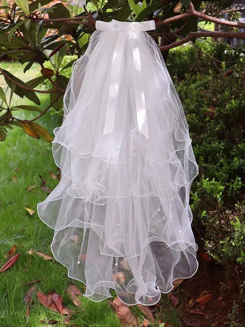 MisShow Tulle Pearls Veils With Comb Vintage Multi-layer Sheer Beading Pencil Edge Bow Veil Elbow Length Wedding Bridal Veils