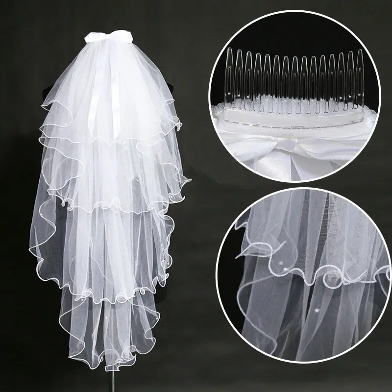 MisShow Tulle Pearls Veils With Comb Vintage Multi-layer Sheer Beading Pencil Edge Bow Veil Elbow Length Wedding Bridal Veils