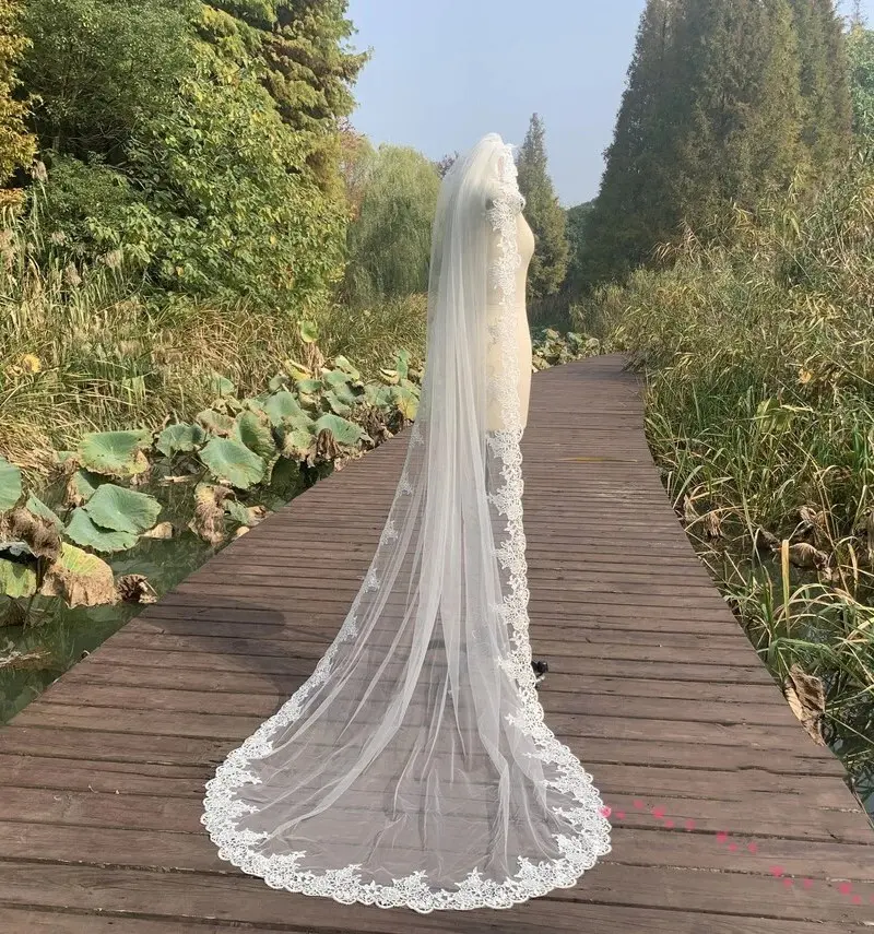 MisShow 3 Meters Long Veils With Comb Single Layer Floral Lace Appliques Edge Sheer Tulle Bridal Veils Cathedral Wedding Veils