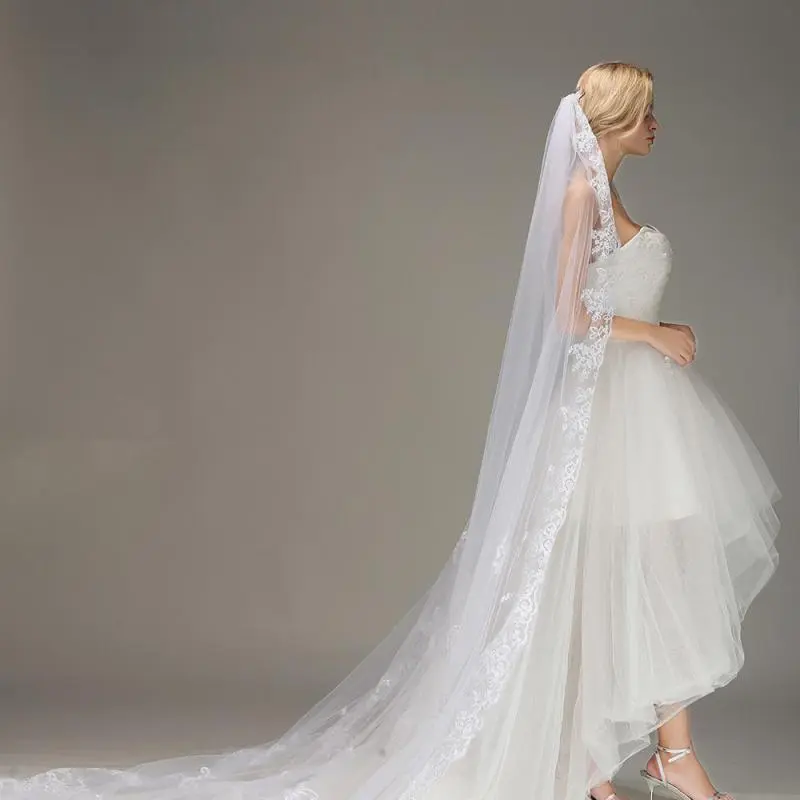 MisShow Cathedral Wedding Long Veils White One-Layer Tulle Floral Lace Appliques Edge Veils With Comb Sheer Wedding Bridal Veils