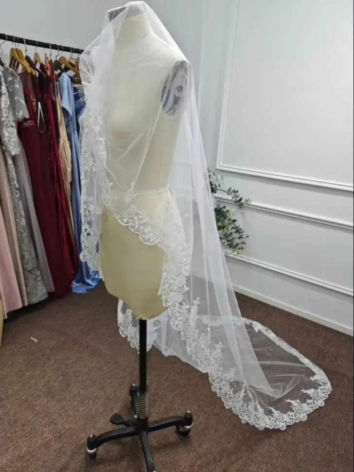 MisShow 3 Meters Long Veils With Comb Single Layer Floral Lace Appliques Edge Sheer Tulle Bridal Veils Cathedral Wedding Veils