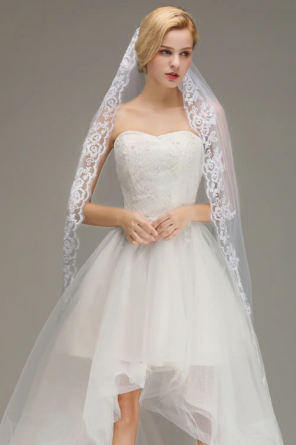 MisShow Cathedral Wedding Long Veils White One-Layer Tulle Floral Lace Appliques Edge Veils With Comb Sheer Wedding Bridal Veils