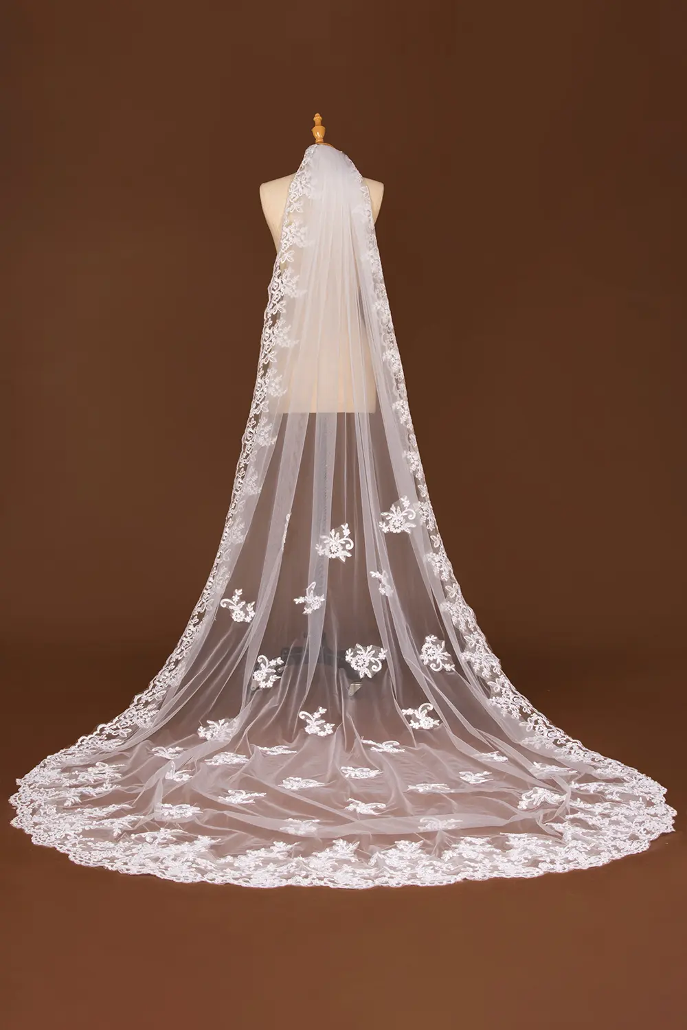 MisShow Cathedral Wedding Long Veils White One-Layer Tulle Floral Lace Appliques Edge Veils With Comb Sheer Wedding Bridal Veils