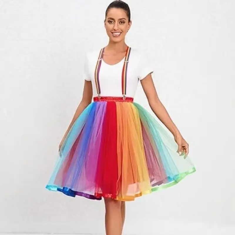 MisShow Summer Tutu Skirts Rainbow Fluffy Tulle Patchwork Petticoat With Elastic Braces Gay Lesbian Rockabilly Party Ball Gowns
