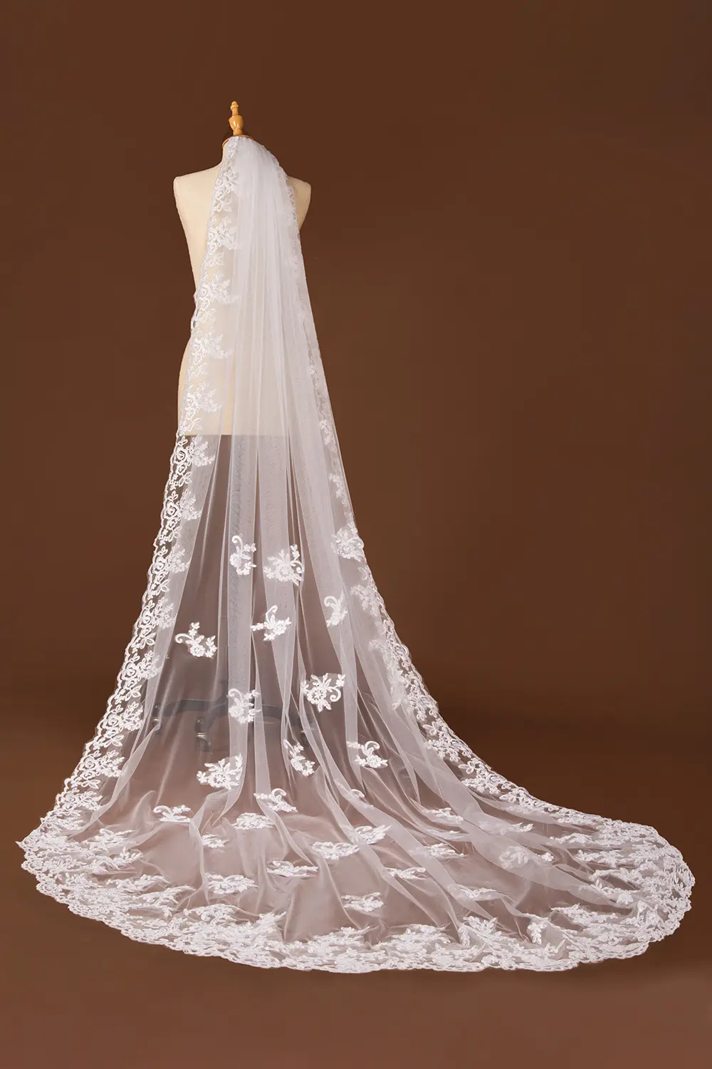 MisShow Cathedral Wedding Long Veils White One-Layer Tulle Floral Lace Appliques Edge Veils With Comb Sheer Wedding Bridal Veils