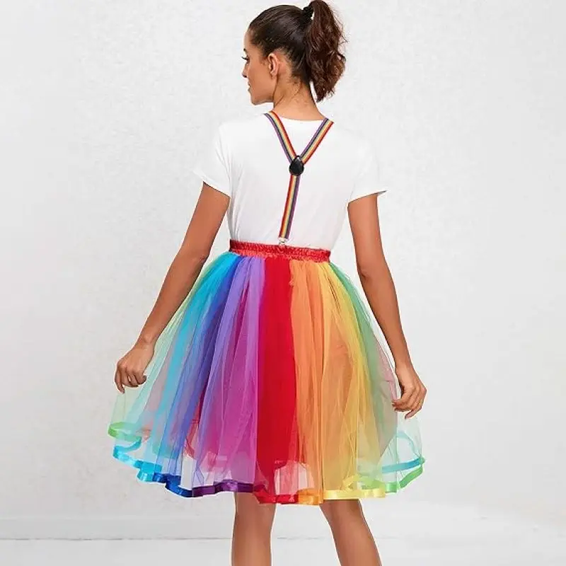 MisShow Summer Tutu Skirts Rainbow Fluffy Tulle Patchwork Petticoat With Elastic Braces Gay Lesbian Rockabilly Party Ball Gowns