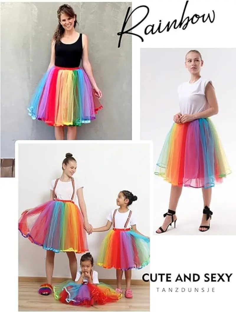 MisShow Summer Tutu Skirts Rainbow Fluffy Tulle Patchwork Petticoat With Elastic Braces Gay Lesbian Rockabilly Party Ball Gowns