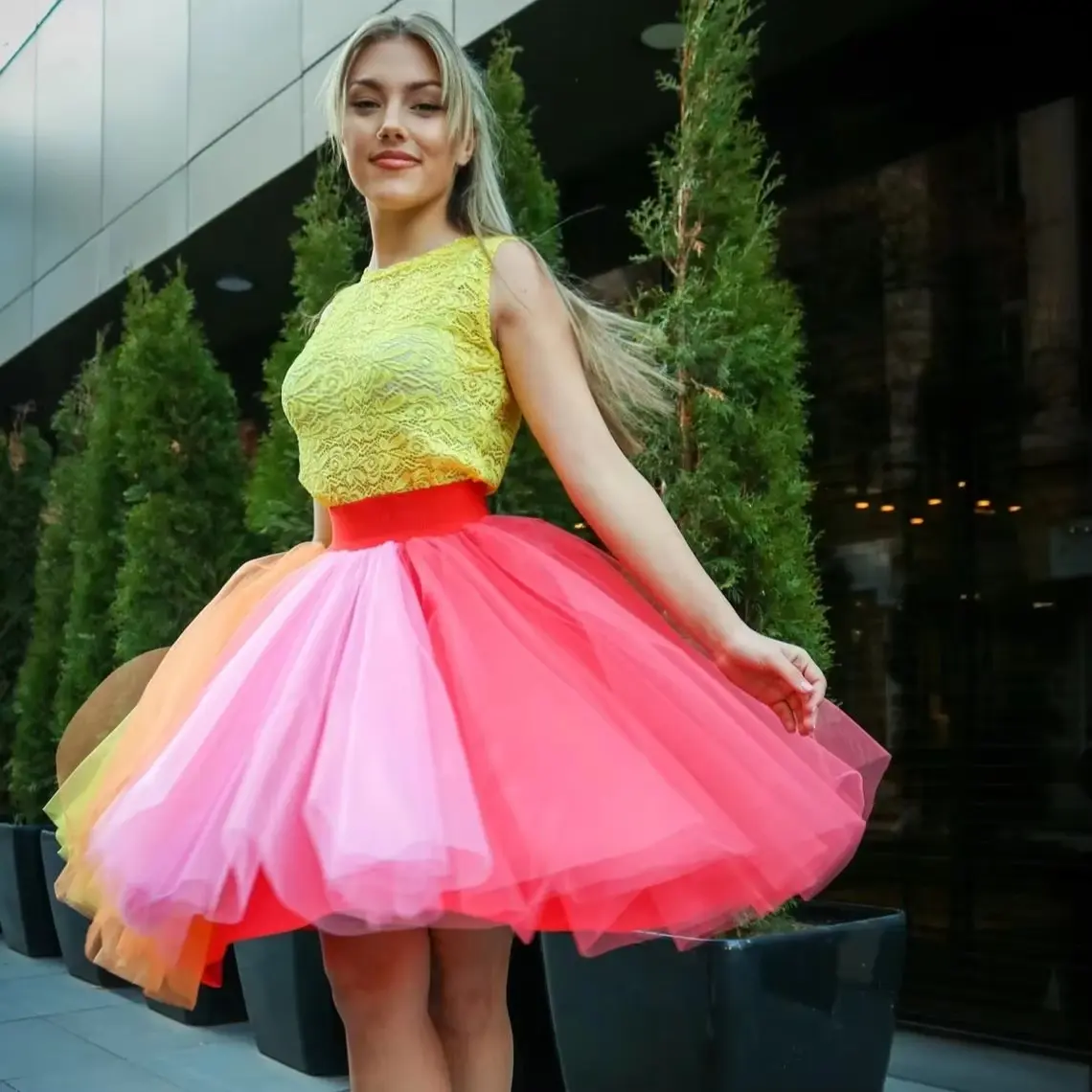 Women's Rainbow Tutu Skirts Layered Fluffy Tulle Petticoat Colorful Knee-length Elastic Waist Underskirt Carnival Party Skirts
