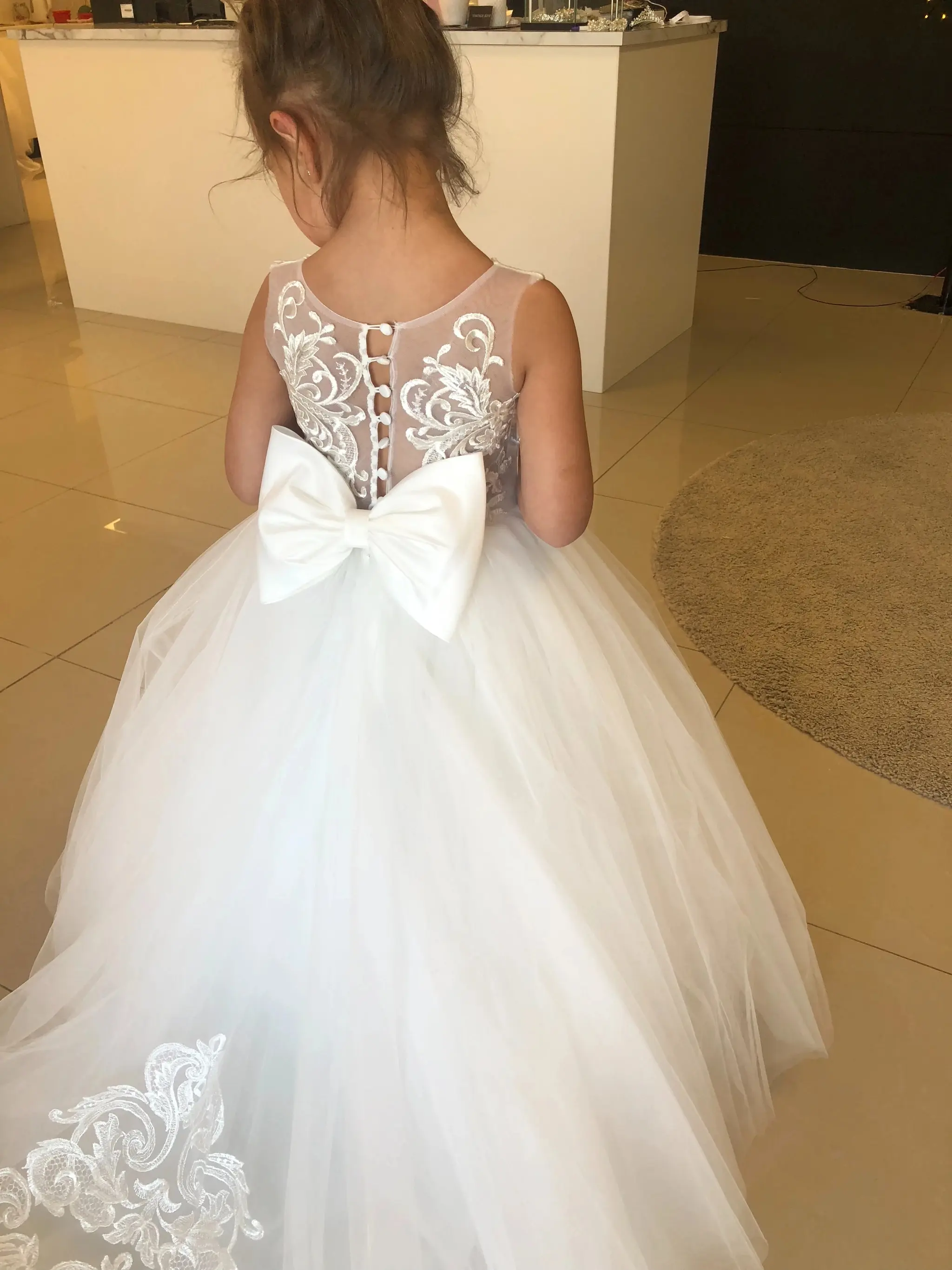 Lace Tulle 3-9 Years Flower Girl Dress Up Buttons Bows Children's First Communion Ball Gown Wedding Party Bridesmaid Dress Kids