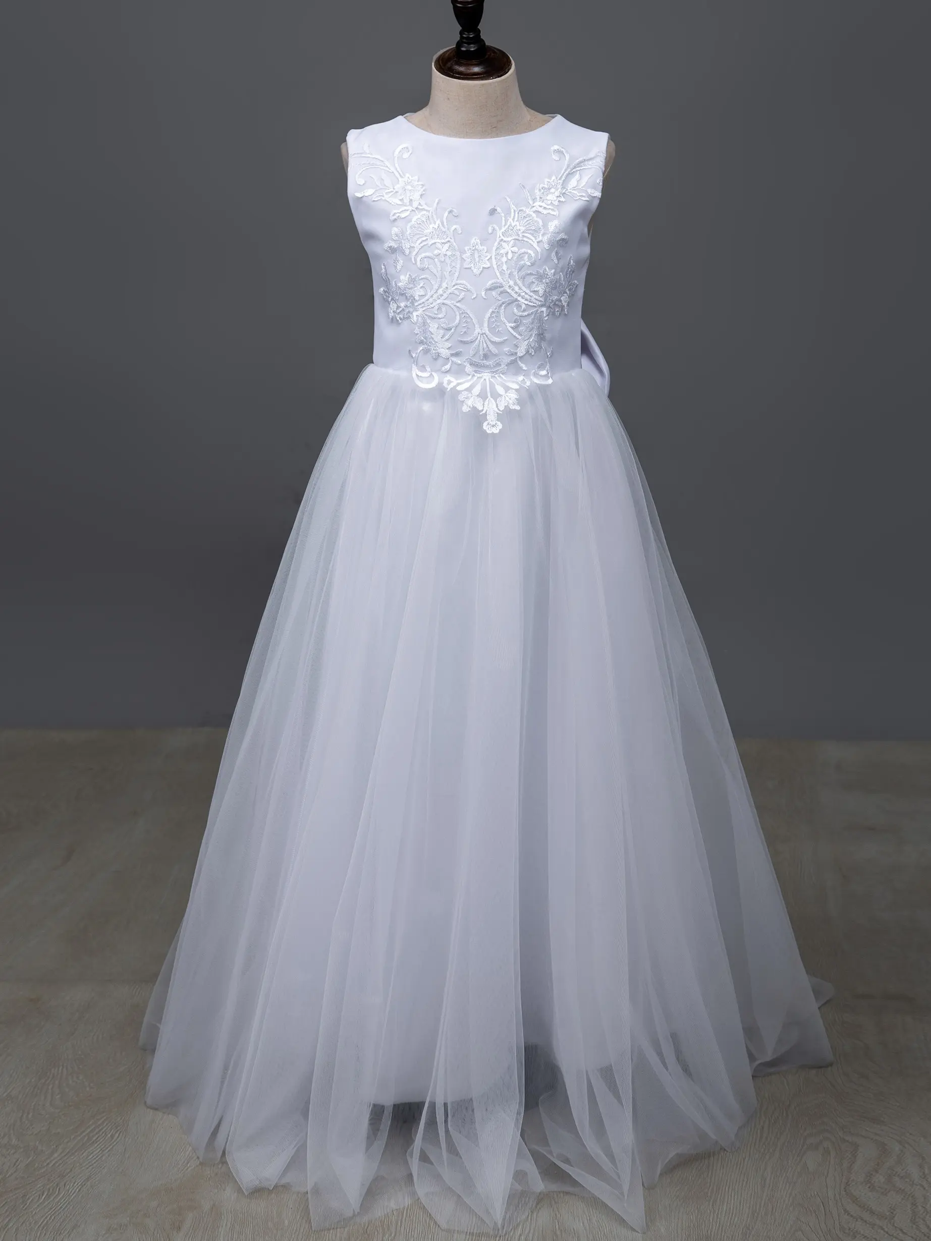 Lace Tulle 3-9 Years Flower Girl Dress Up Buttons Bows Children's First Communion Ball Gown Wedding Party Bridesmaid Dress Kids