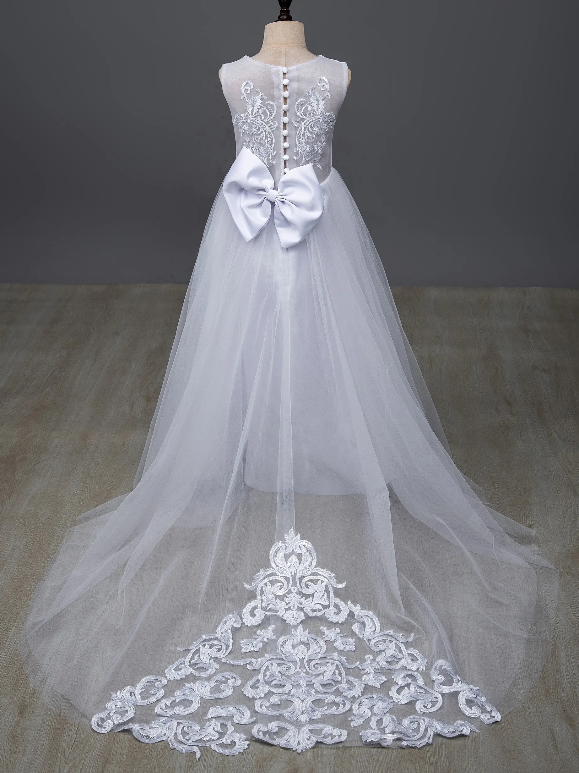 Lace Tulle 3-9 Years Flower Girl Dress Up Buttons Bows Children's First Communion Ball Gown Wedding Party Bridesmaid Dress Kids