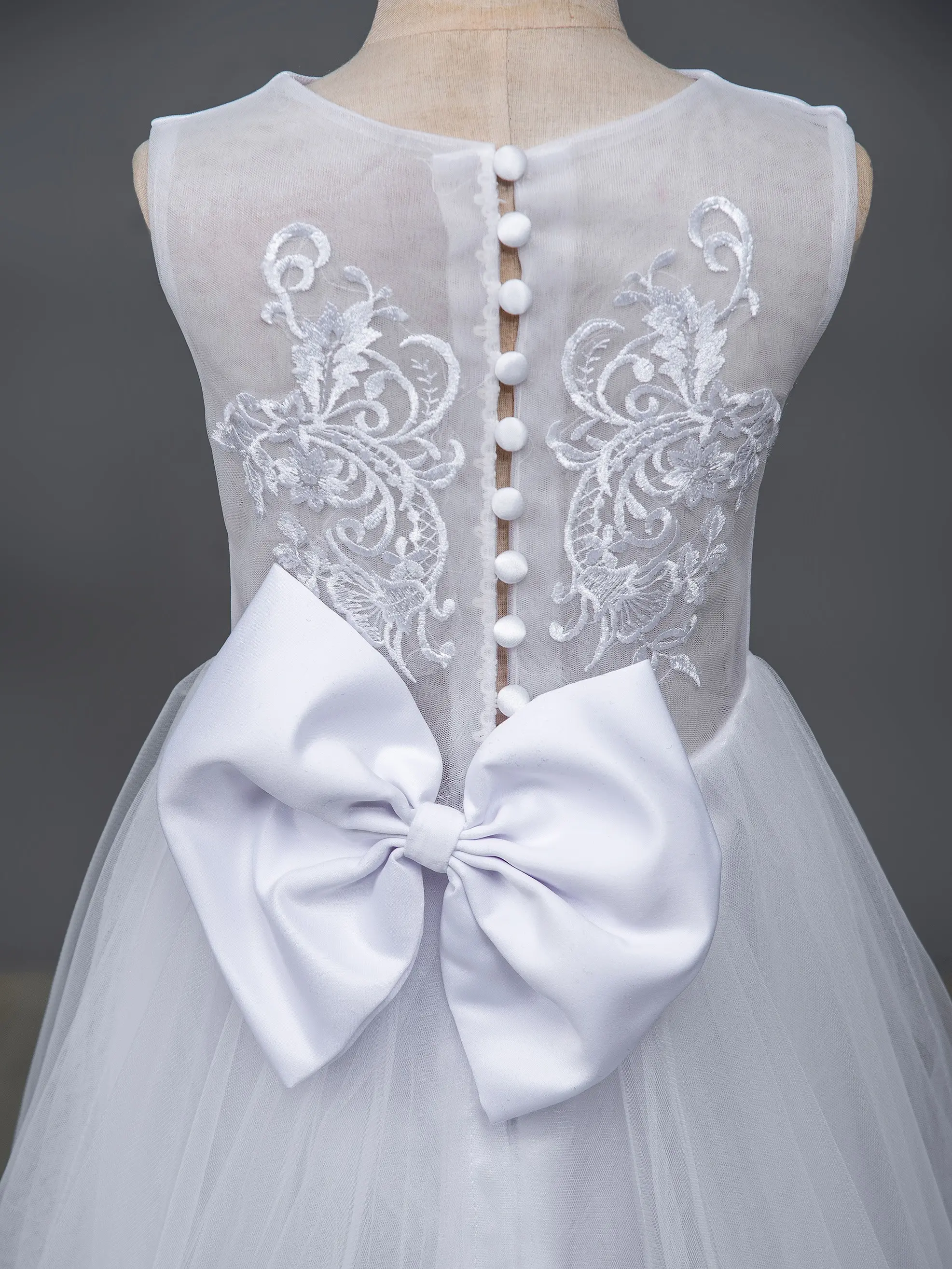 Lace Tulle 3-9 Years Flower Girl Dress Up Buttons Bows Children's First Communion Ball Gown Wedding Party Bridesmaid Dress Kids