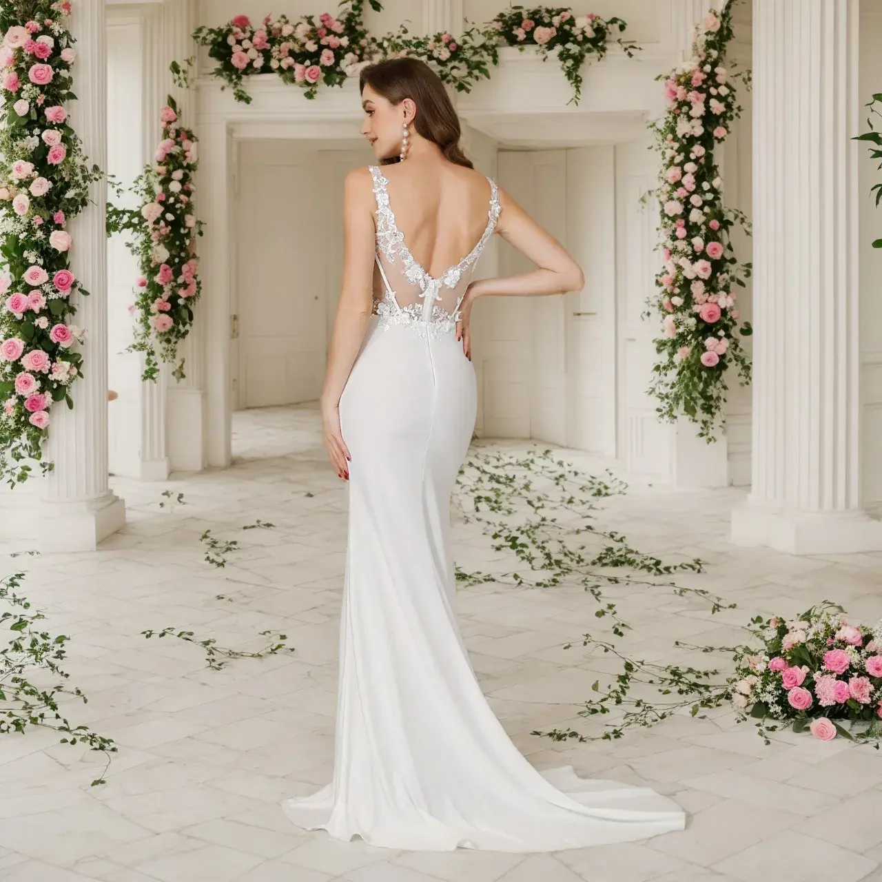 MisShow Wedding Mermaid Dresses Illusion Lace Applique Straps V Neck Backless Sleeveless Gowns Formal Party Train Evening Dress