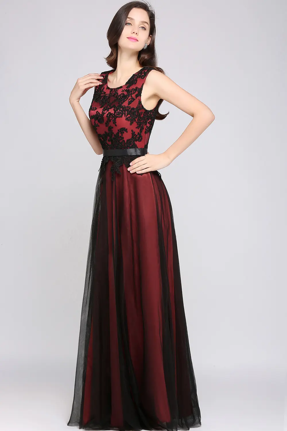 Elegant Black Lace Red Evening Dresses Long Appliques Chiffon With Sashes Pink Green Burgundy Formal Prom Gown Vestido de Fiesta