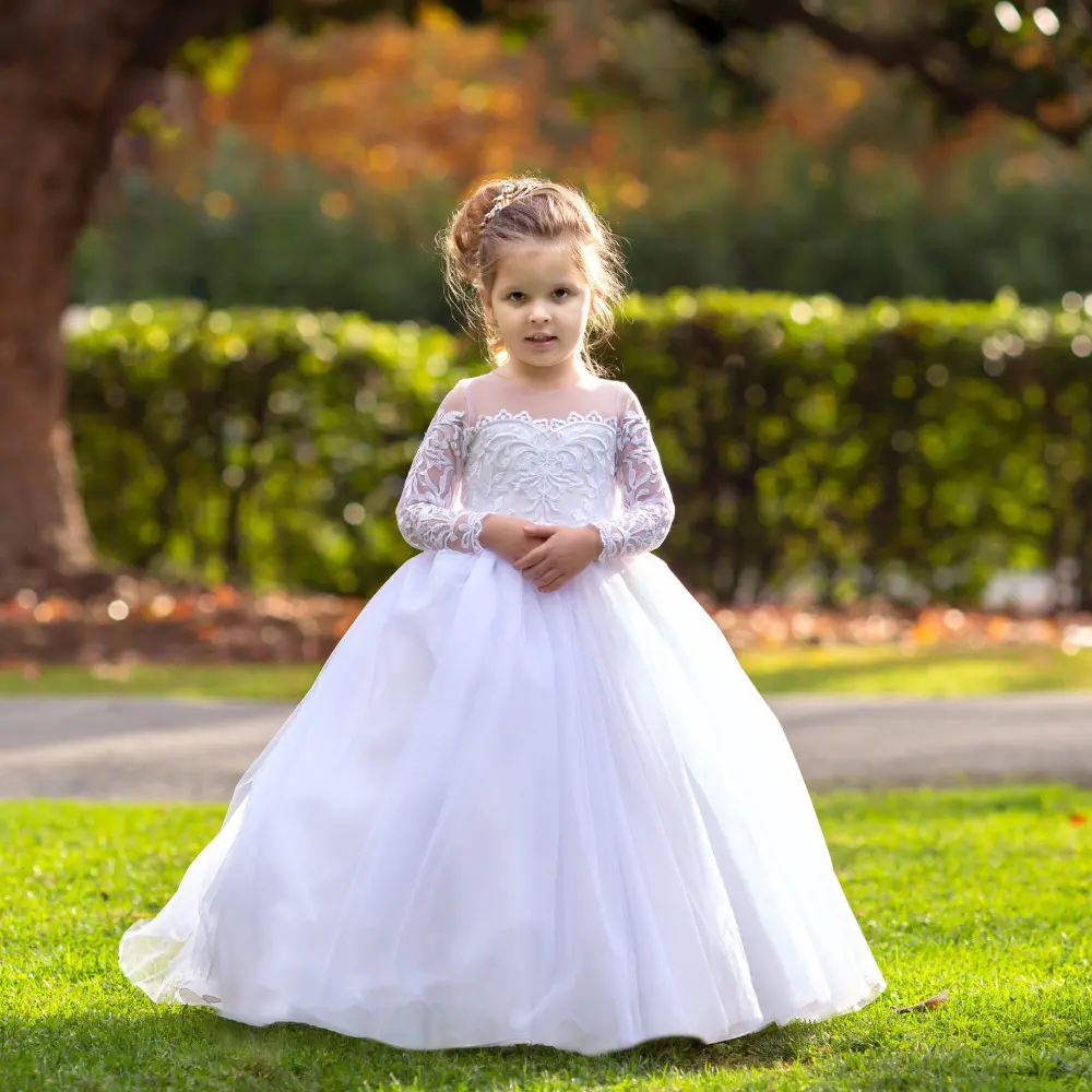MisShow Train Flower Girls Dresses Floral Lace Long Sleeve O-Neck Illusion Bow Back Princess Dress Kids Wedding Party Ball Gowns